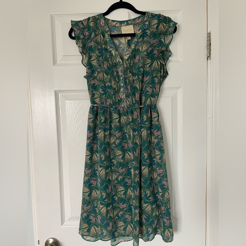 Teal ModCloth dress with abstract butterfly pattern | Size M